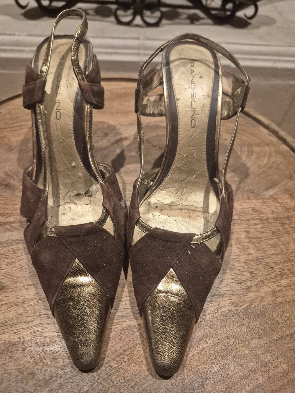 Vintage Bandolino Brown Suede and Gold Metallic Pointed Slingback Heels
